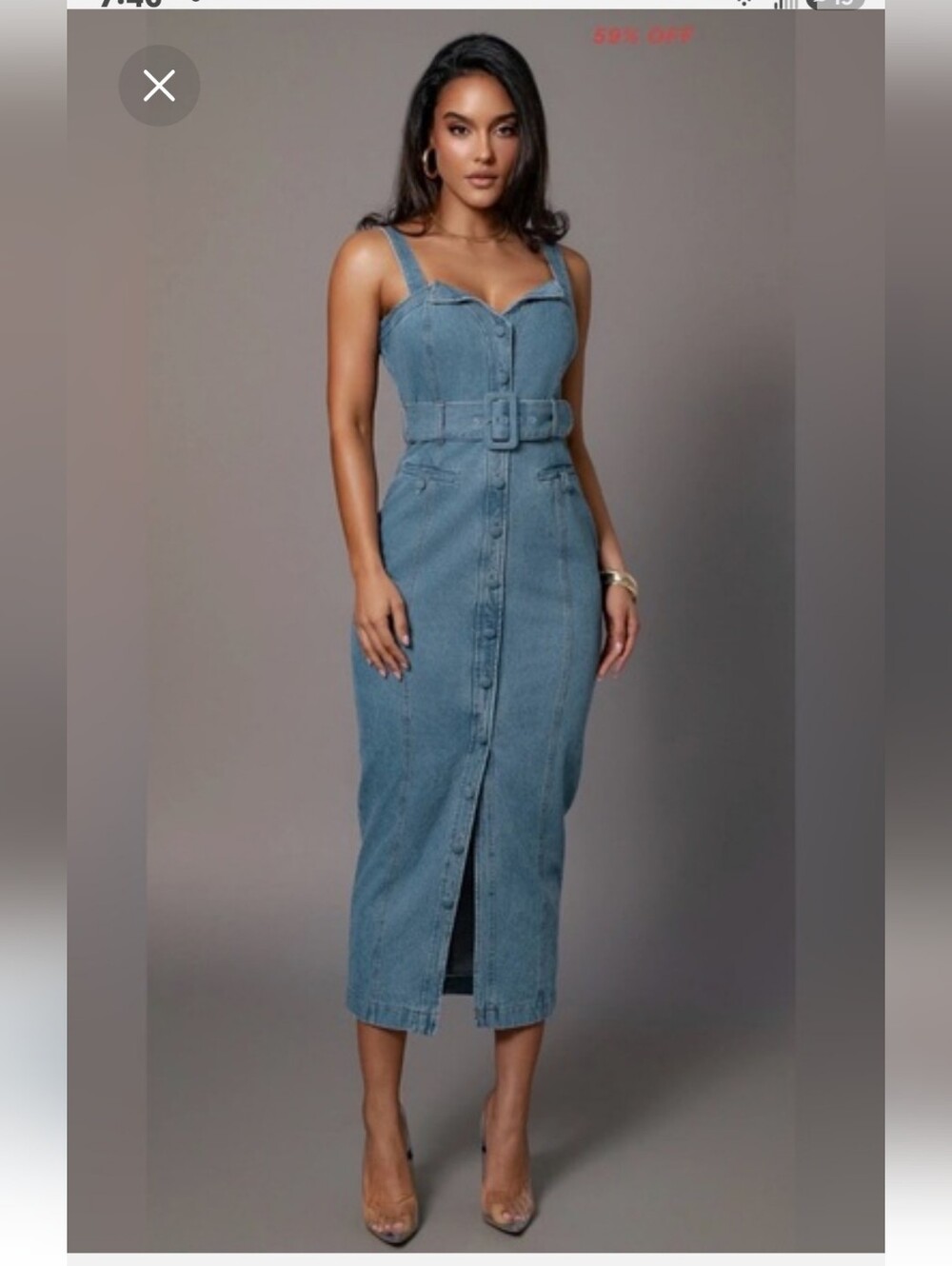 Denim Button-Front Midi JEAN DRESS with Belt - Light Blue